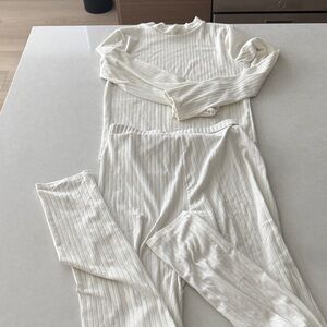 Cream Ribbed Long Sleeve Top and Pants Set